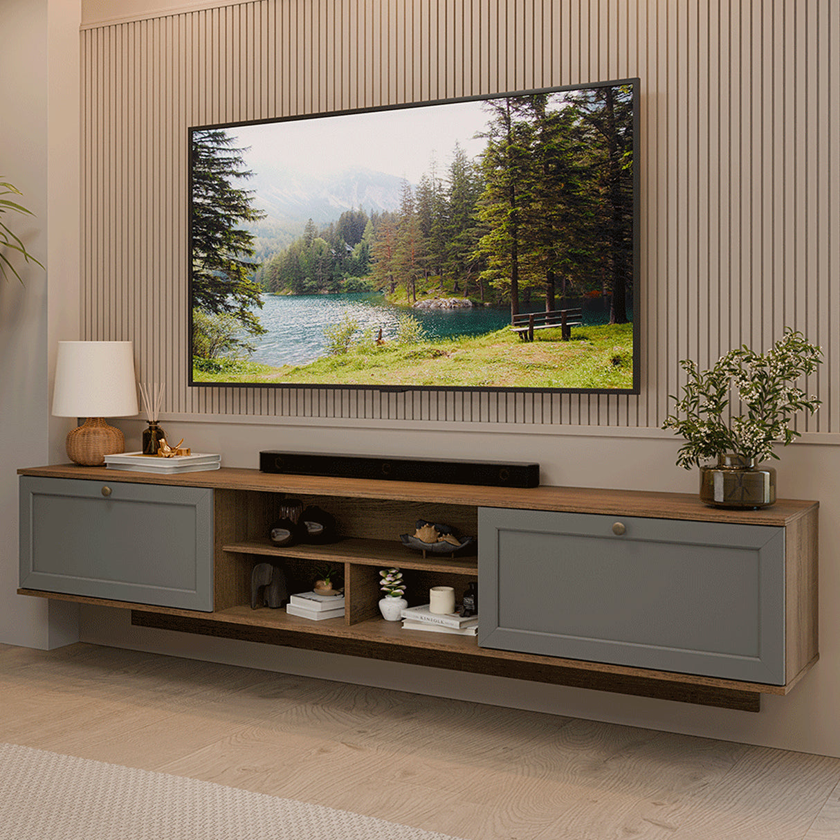 Rack de TV Vik Marrón y Gris 218x52cm para TV Hasta 80 Pulgadas Flotante con Cinco Cajones