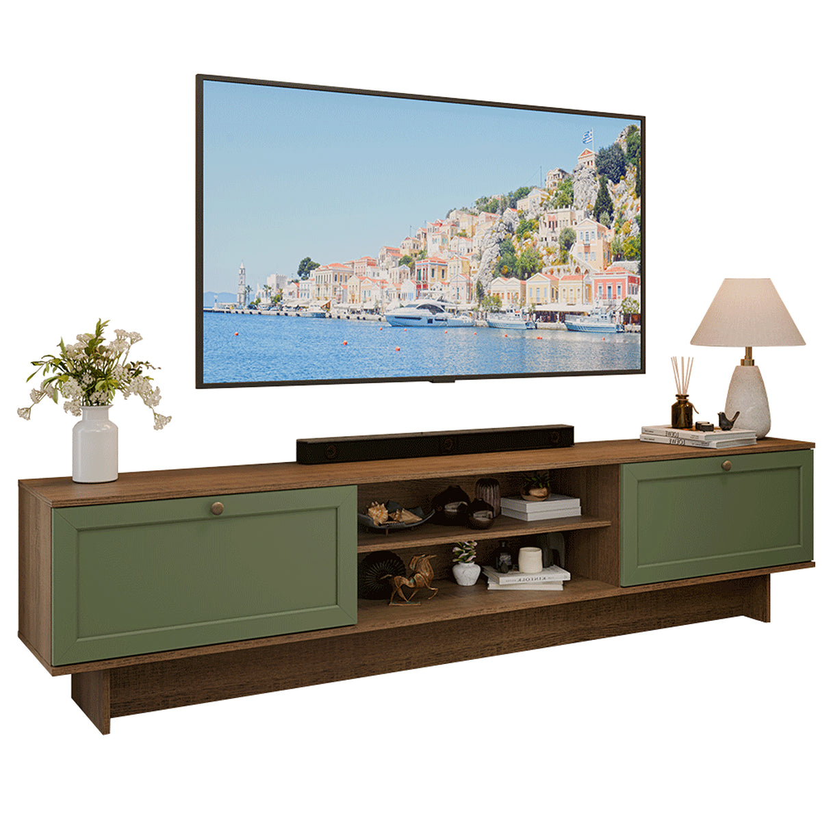 Rack de TV Vik Marrón y Verde 218x52cm para TV Hasta 80 Pulgadas con Cinco Cajones