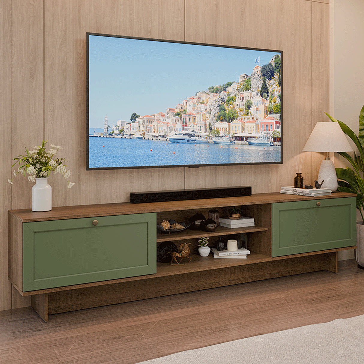 Rack de TV Vik Marrón y Verde 218x52cm para TV Hasta 80 Pulgadas con Cinco Cajones