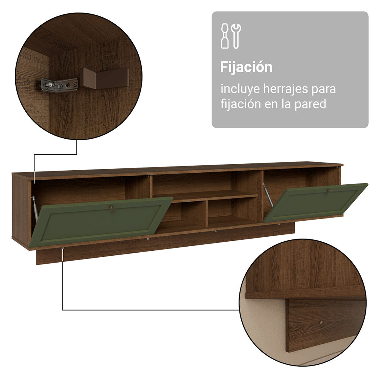 Rack de TV Vik Marrón y Verde 218x52cm para TV Hasta 80 Pulgadas Flotante con Cinco Cajones