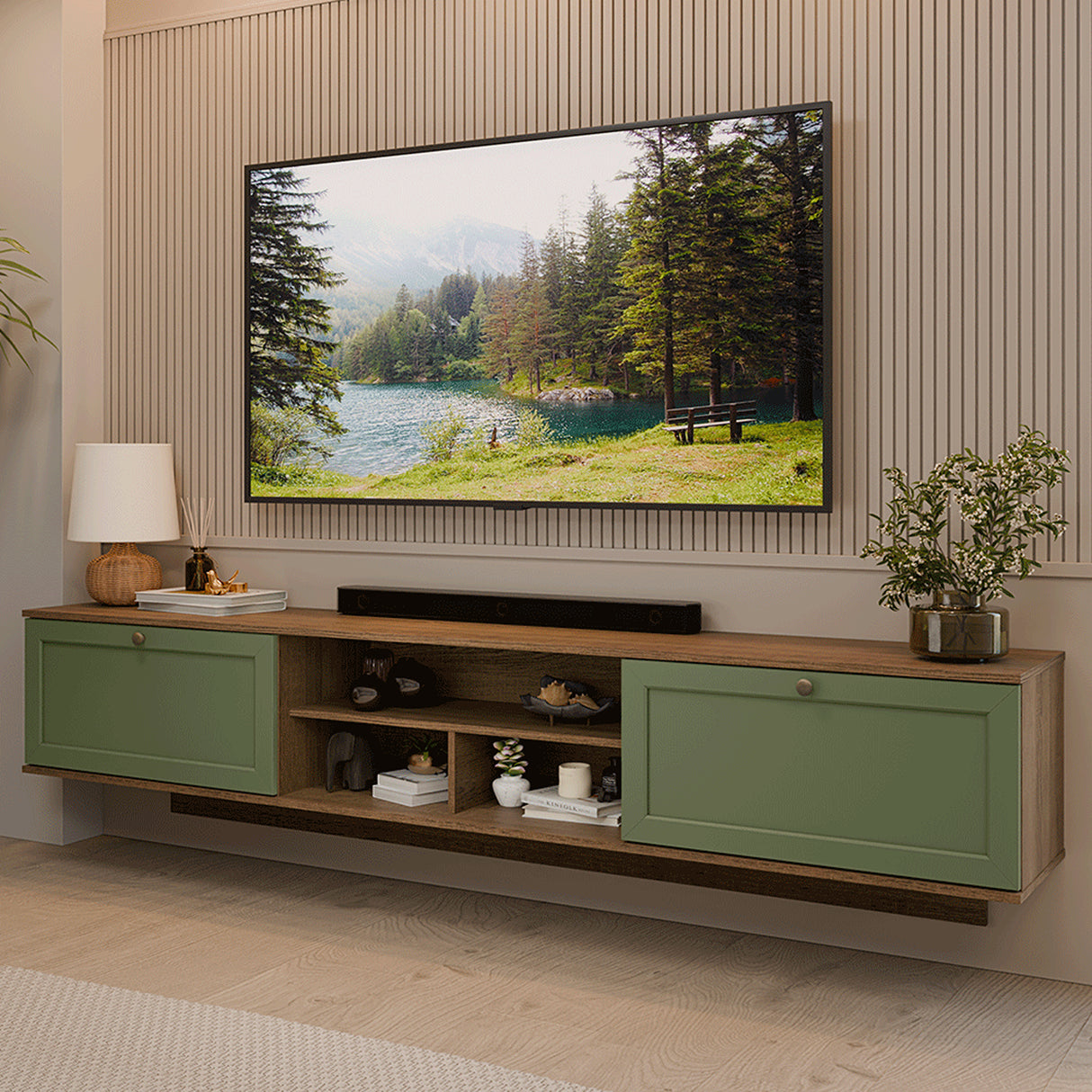 Rack de TV Vik Marrón y Verde 218x52cm para TV Hasta 80 Pulgadas Flotante con Cinco Cajones