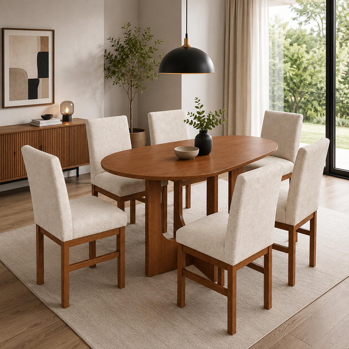 Comedor Providencia Cafe y Beige 100x78cm Ovalado De Seis Puestos con Seis Sillas