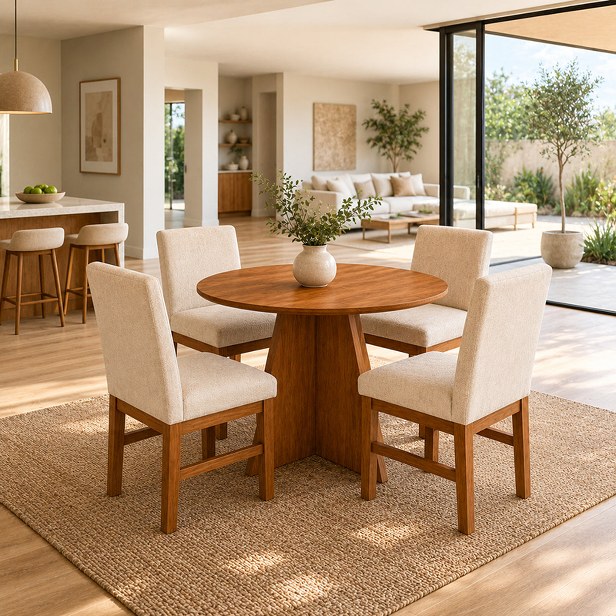 Comedor Palawan Cafe y Beige 90x78cm Circular De Cuatro Puestos con Cuatro Sillas