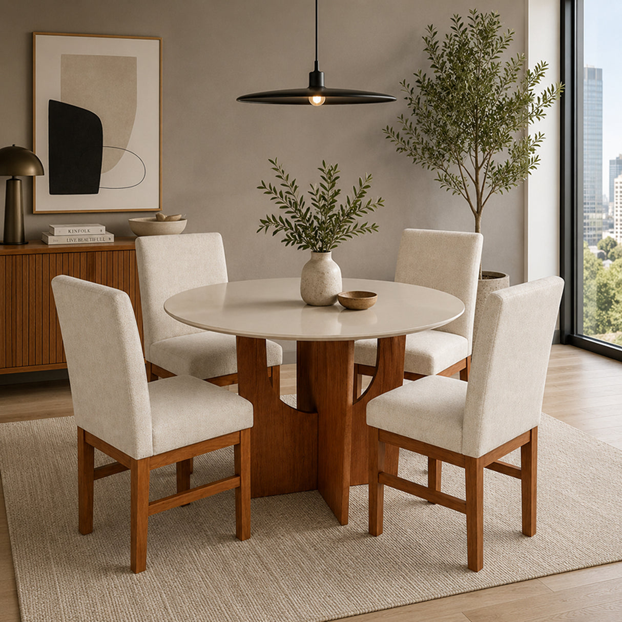 Comedor Saona Cafe y Beige 110x78cm Circular De Cuatro Puestos con Cuatro Sillas
