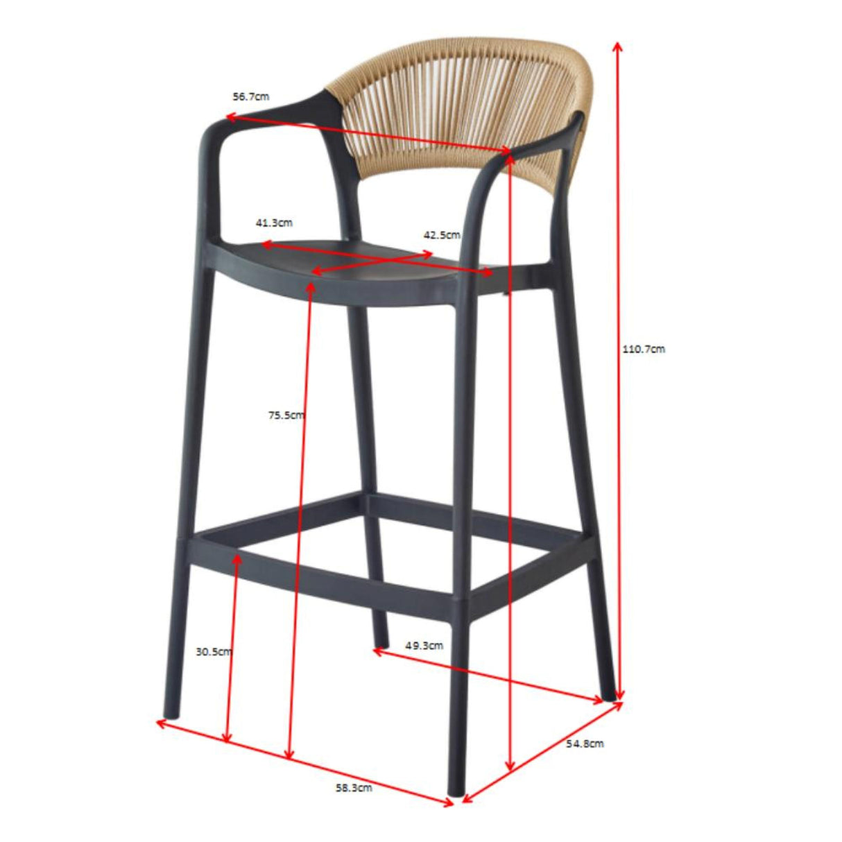 Silla Bar para Exteriores Bali Gris 56x109cm con Apoya Brazos y con Espaldar