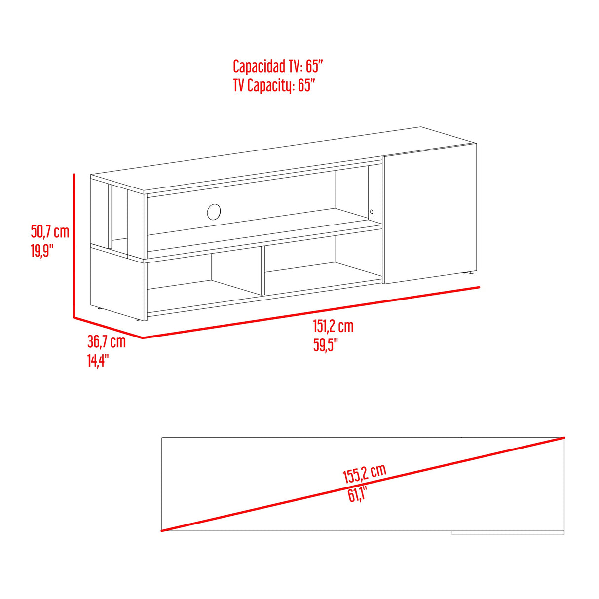 Rack de TV Noland Fresno Europeo y Wengue 151.2x50.7cm para TV Hasta 65" Pulgadas con Tres Compartimientos