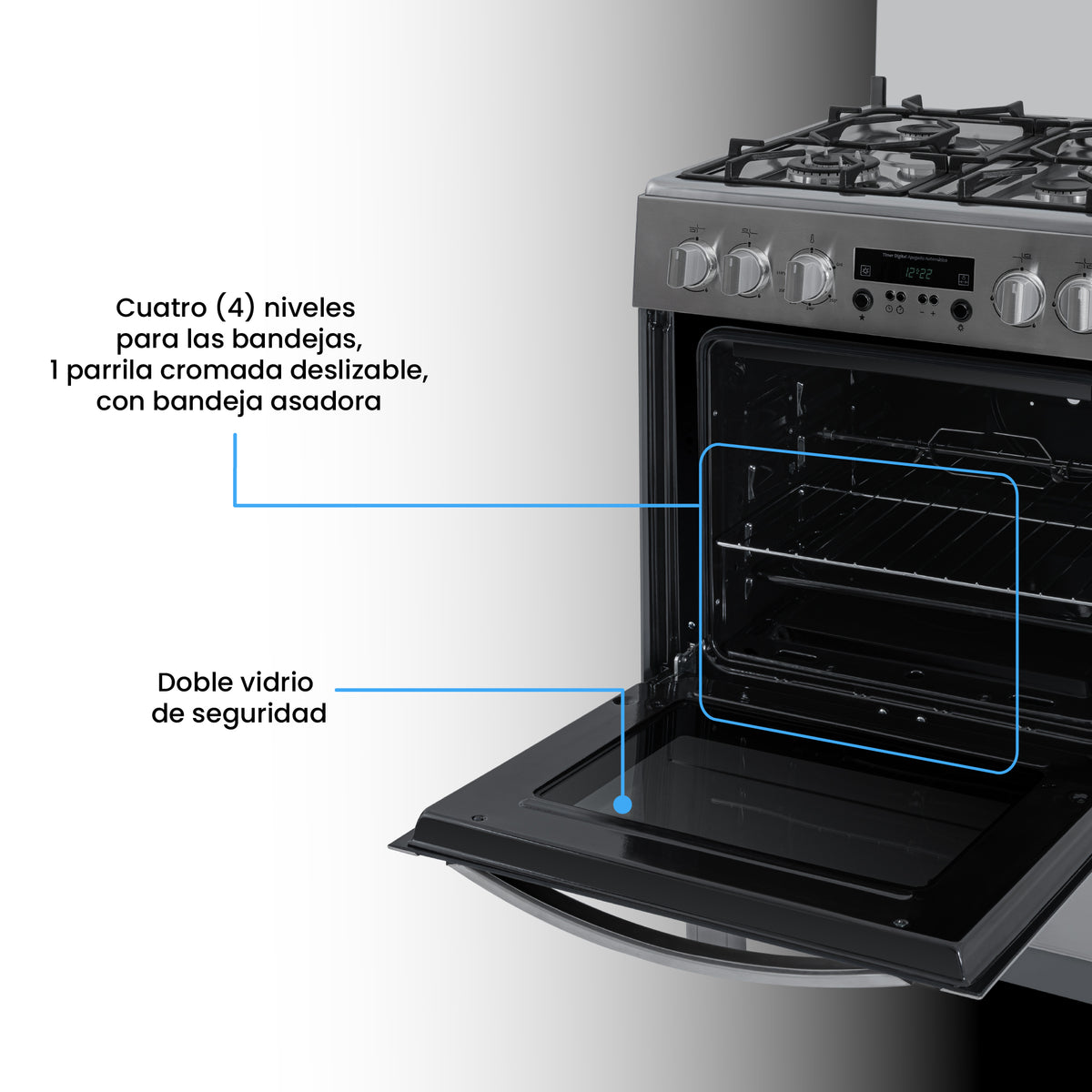 Estufa Challenger Kitchen Gourmet Gris 60x93cm para Gas Natural con Cuatro Quemadores y Un Horno Rosticero Grill