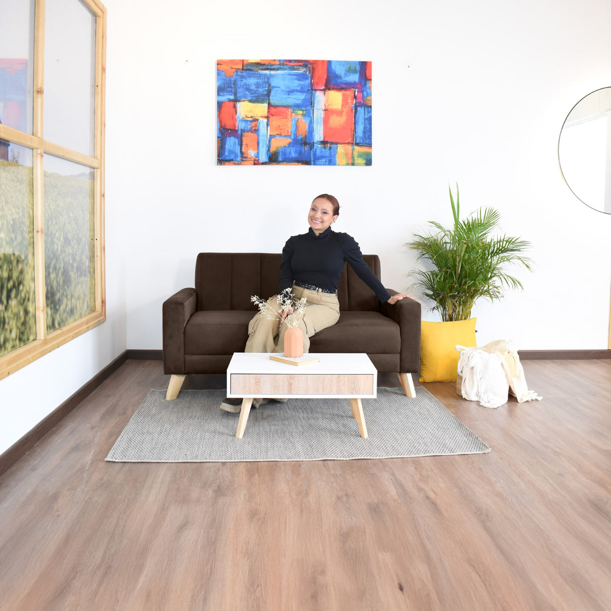 Sofá Baru Chocolate Denver y Matiz Natural 150x82cm de Dos Puestos sin Apoya Brazos