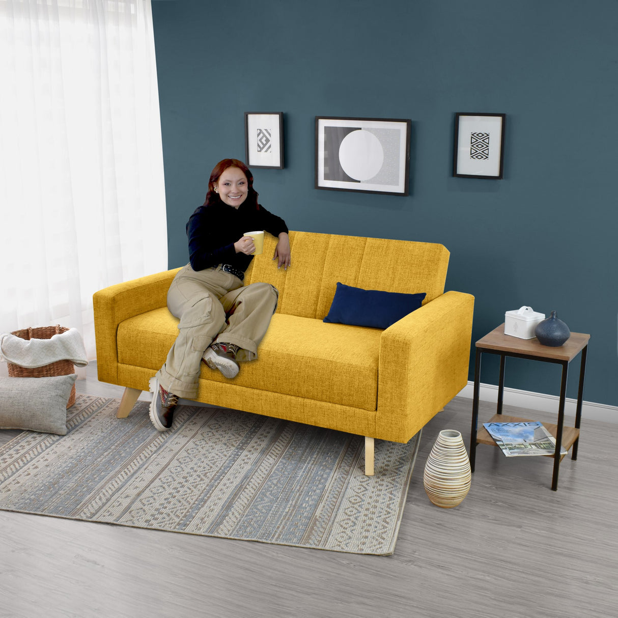 Sofá Baru Mostaza Dicosta y Matiz Natural 150x82cm de Dos Puestos sin Apoya Brazos