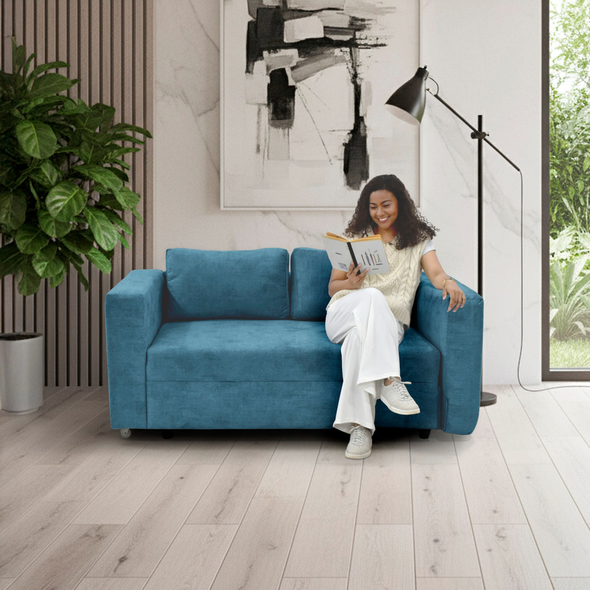 Sofá Cama Baxter Azul Sky 160x68cm de Tres Puestos con Apoya Brazos