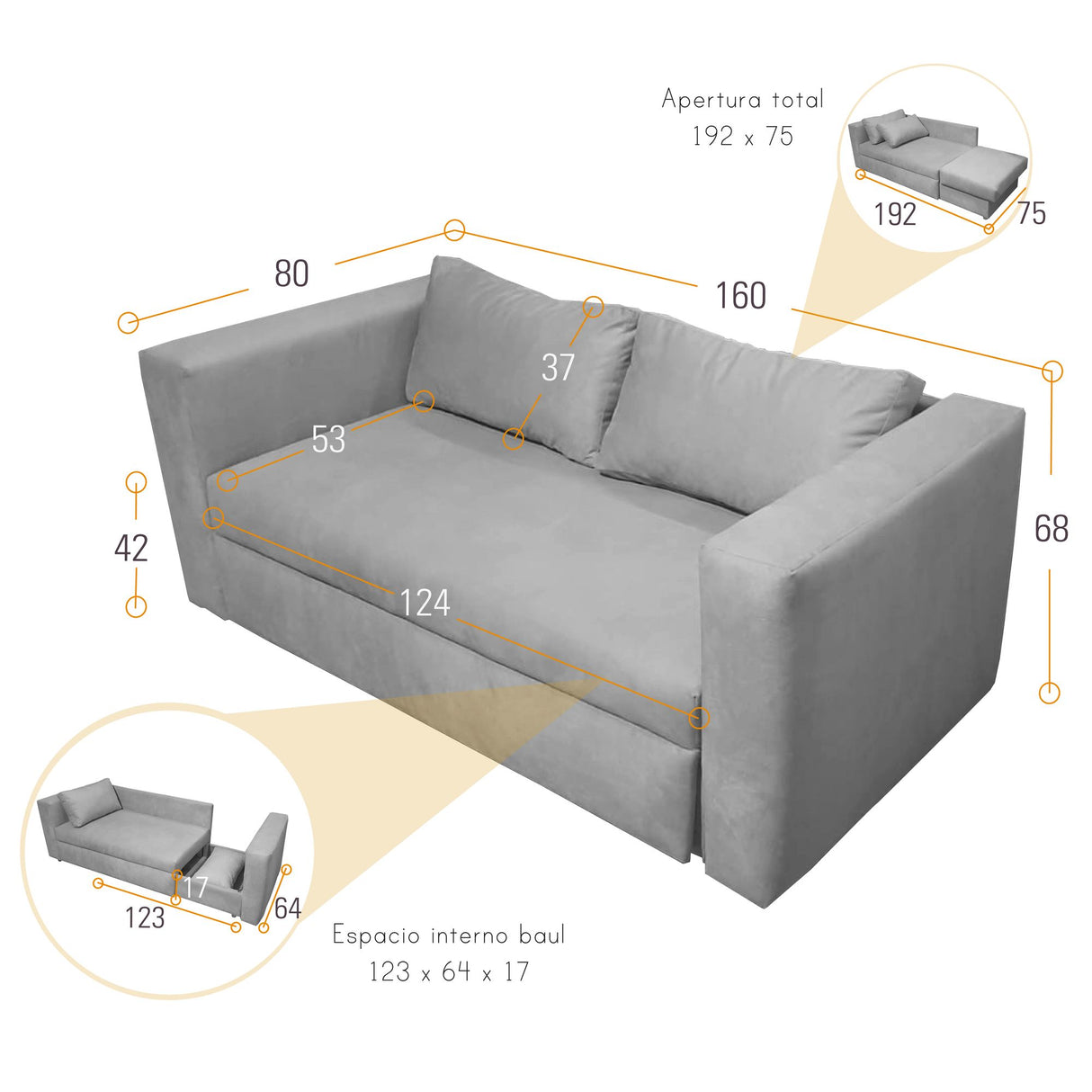 Sofá Cama Baxter Azul Sky 160x68cm de Tres Puestos con Apoya Brazos