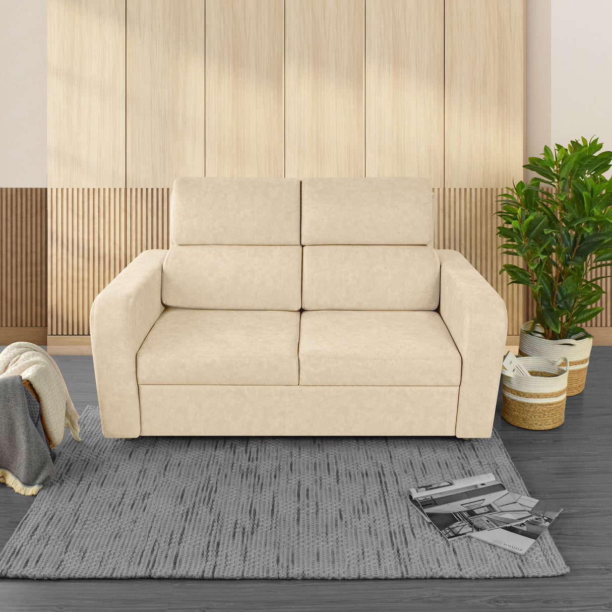 Sofá Bethel Beige Sky y Madera Cromo 148x95cm de Dos Puestos con Apoya Brazos