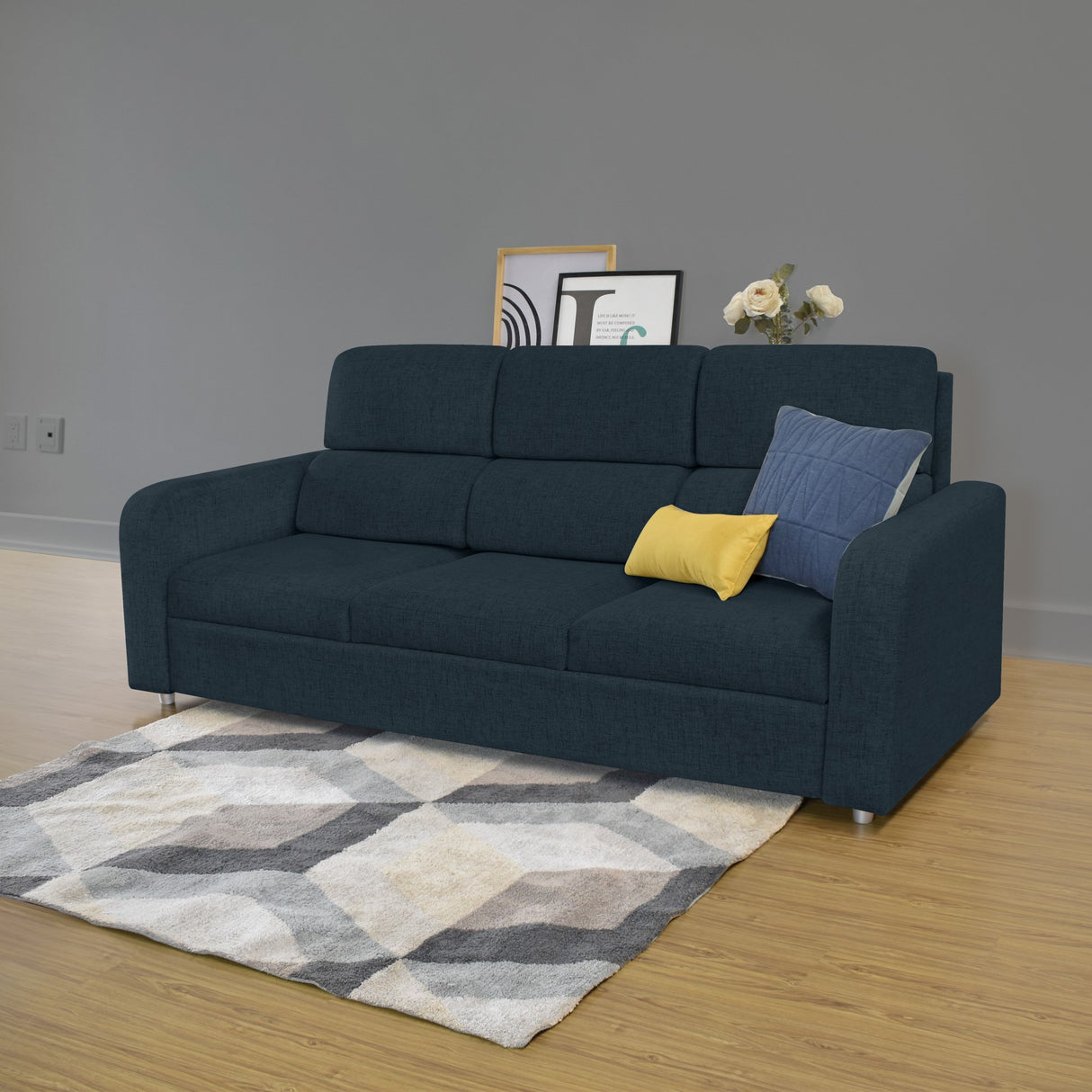 Sofá Bethel Plomo Eureka y Madera Cromo 207x95cm de Tres Puestos con Apoya Brazos