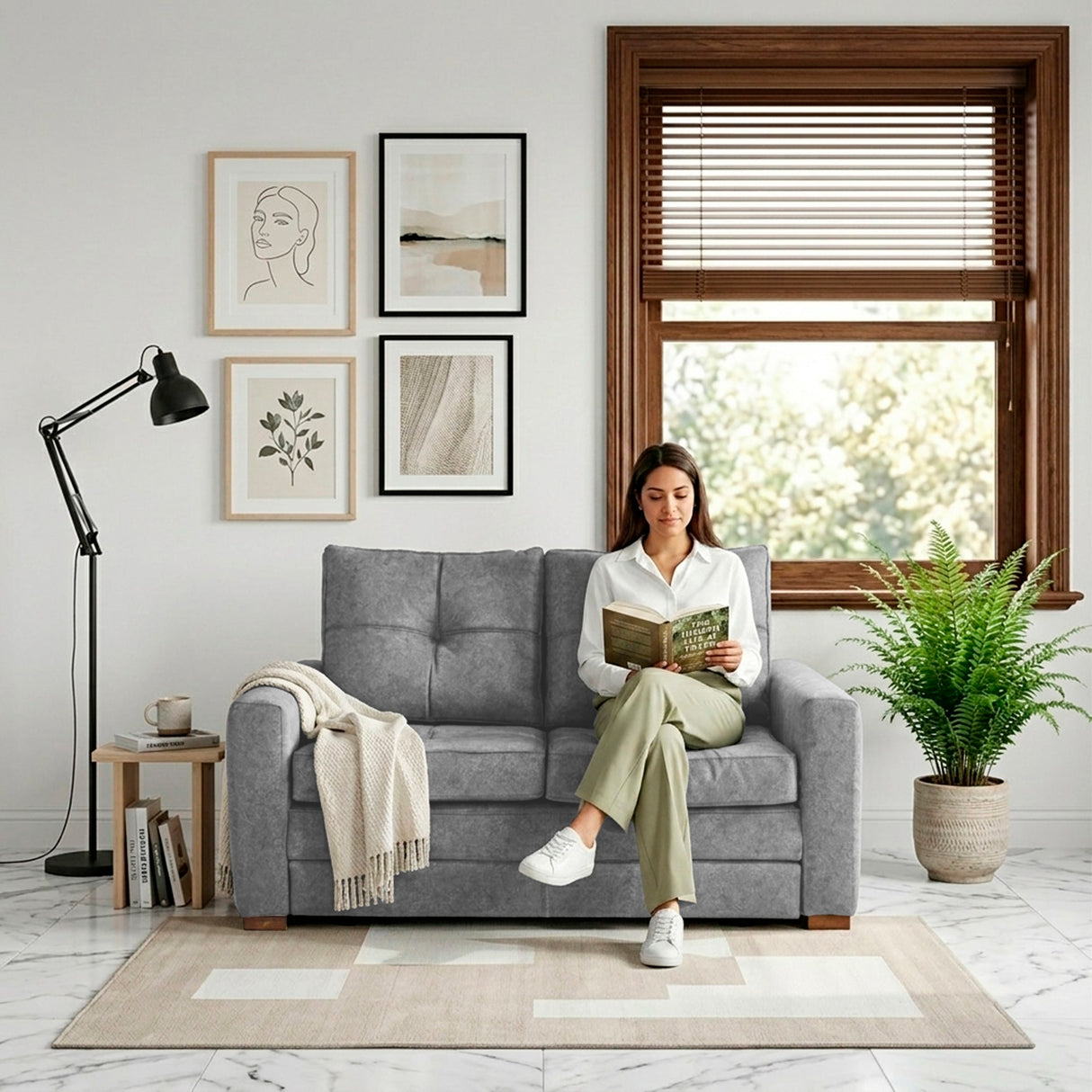Sofá Cama Doha Gris Sky y Matiz Caoba 150x87cm de Dos Puestos con Apoya Brazos