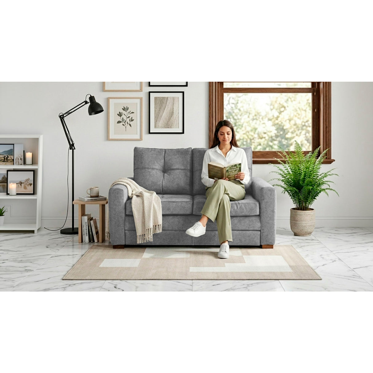 Sofá Cama Doha Gris Sky y Matiz Caoba 150x87cm de Dos Puestos con Apoya Brazos