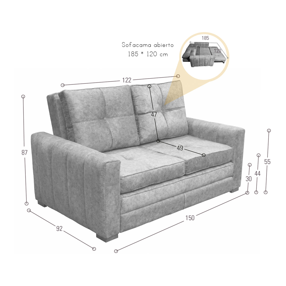 Sofá Cama Doha Gris Sky y Matiz Caoba 150x87cm de Dos Puestos con Apoya Brazos