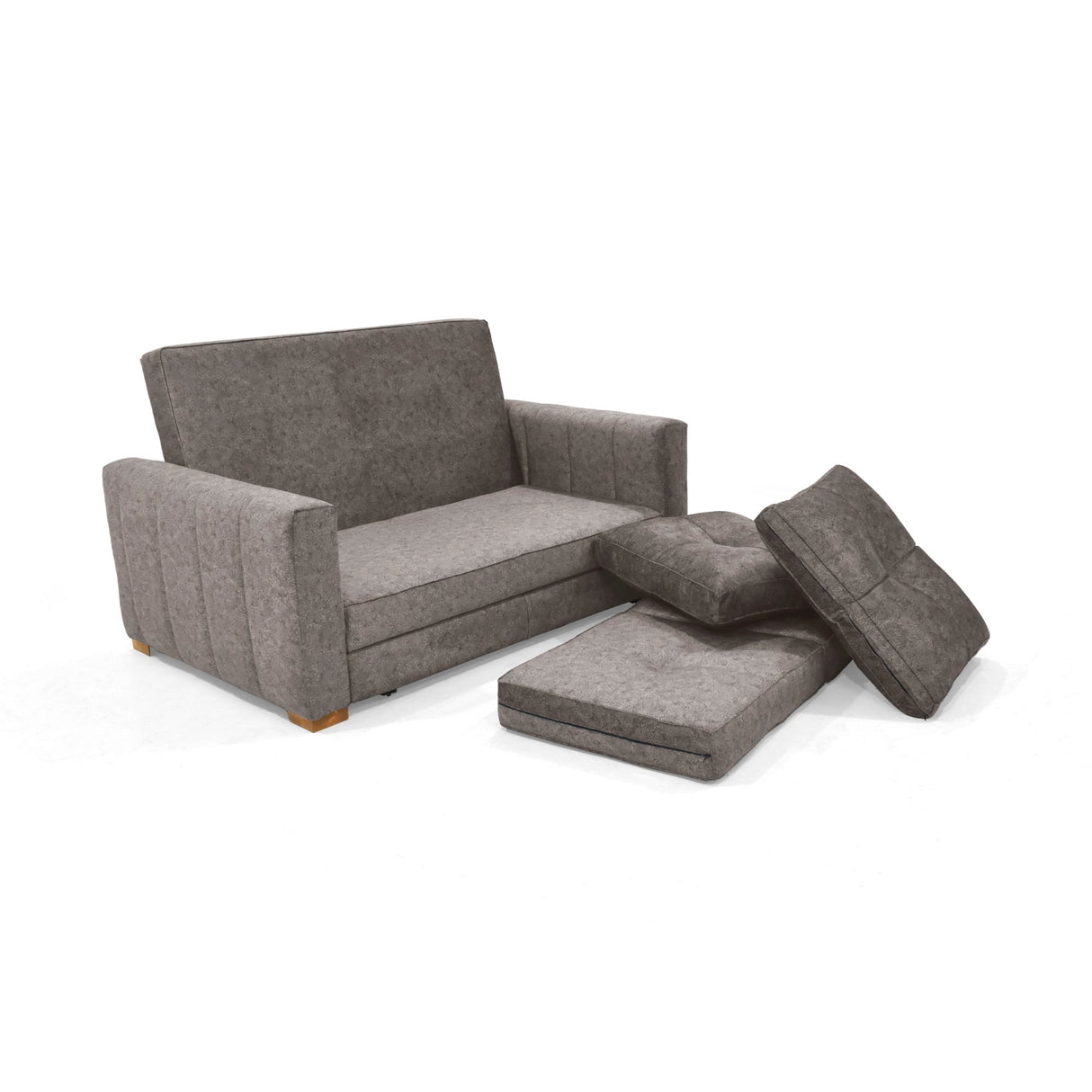 Sofá Cama Doha Taupe Sky y Matiz Caoba 150x87cm de Dos Puestos con Apoya Brazos