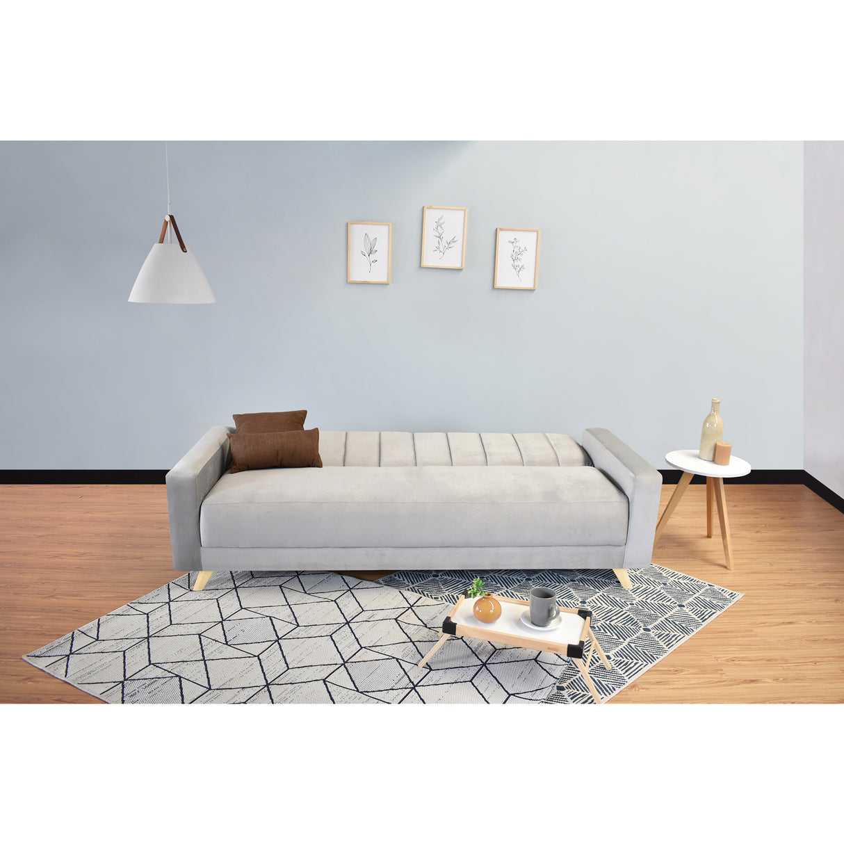 Sofá Cama Dominic Plata Denver y Matiz Natural 206x80cm de Tres Puestos Reclinable con Apoya Brazos