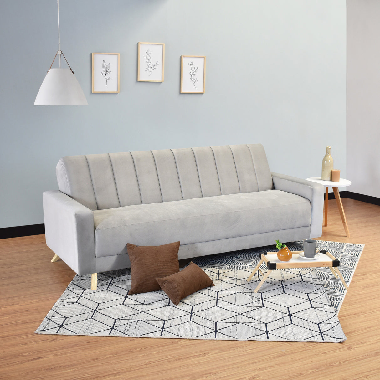 Sofá Cama Dominic Plata Denver y Matiz Natural 206x80cm de Tres Puestos Reclinable con Apoya Brazos