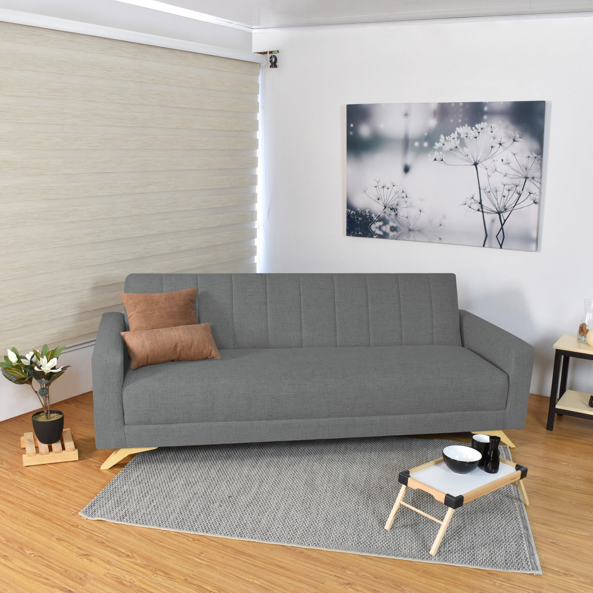 Sofá Cama Dominic Gris Dicosta y Matiz Natural 206x80cm de Tres Puestos Reclinable con Apoya Brazos