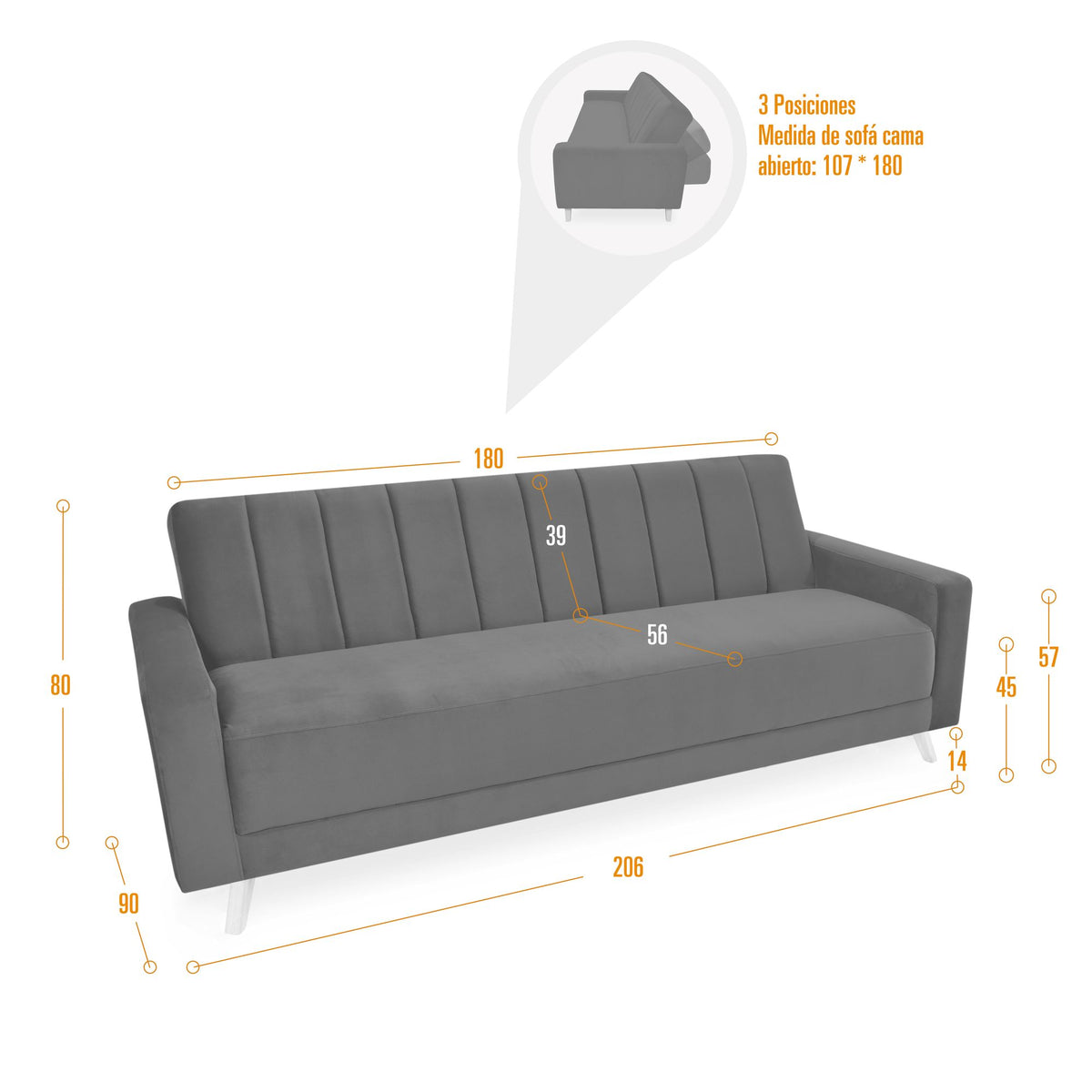 Sofá Cama Dominic Plata Eureka y Matiz Natural 206x80cm de Tres Puestos Reclinable con Apoya Brazos