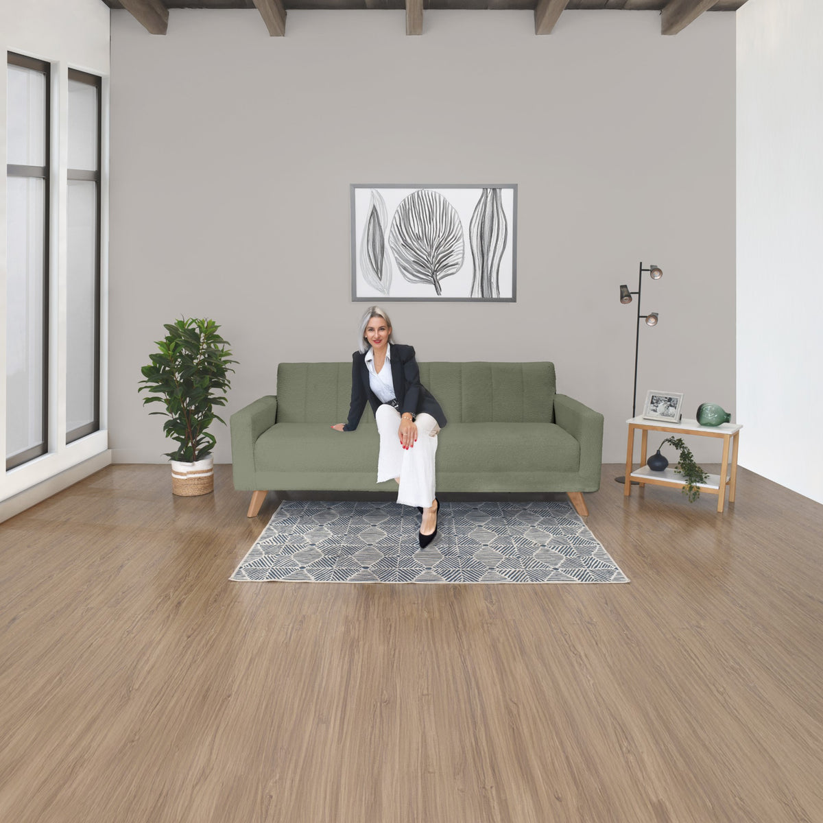 Sofá Cama Dominic Verde Shaggy y Matiz Natural 206x80cm de Tres Puestos Reclinable con Apoya Brazos
