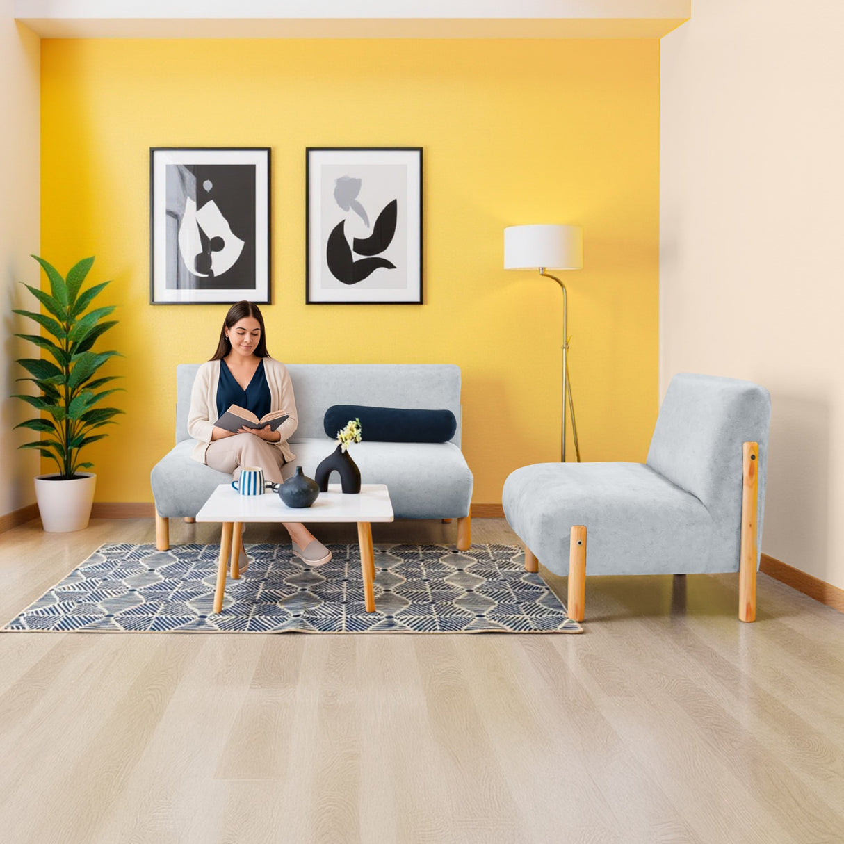 Sofá Dubi Plata Sky y Matiz Natural 123x73cm de Dos Puestos sin Apoya Brazos