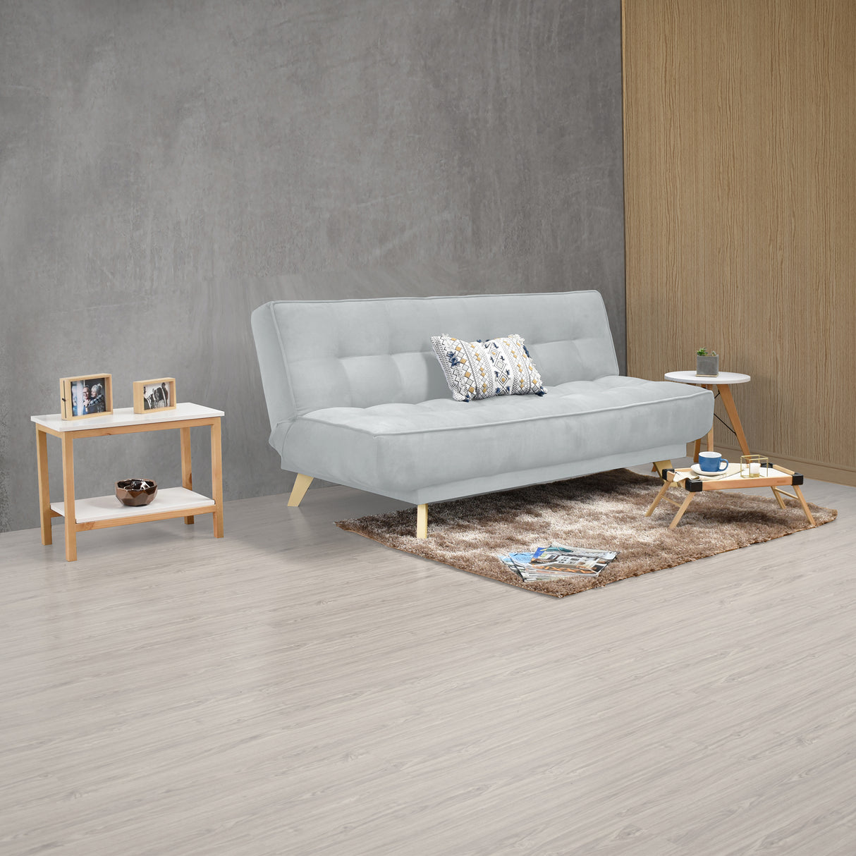 Sofá Cama Gales Plata Denver y Matiz Natural 180x84cm de Tres Puestos Reclinable sin Apoya Brazos