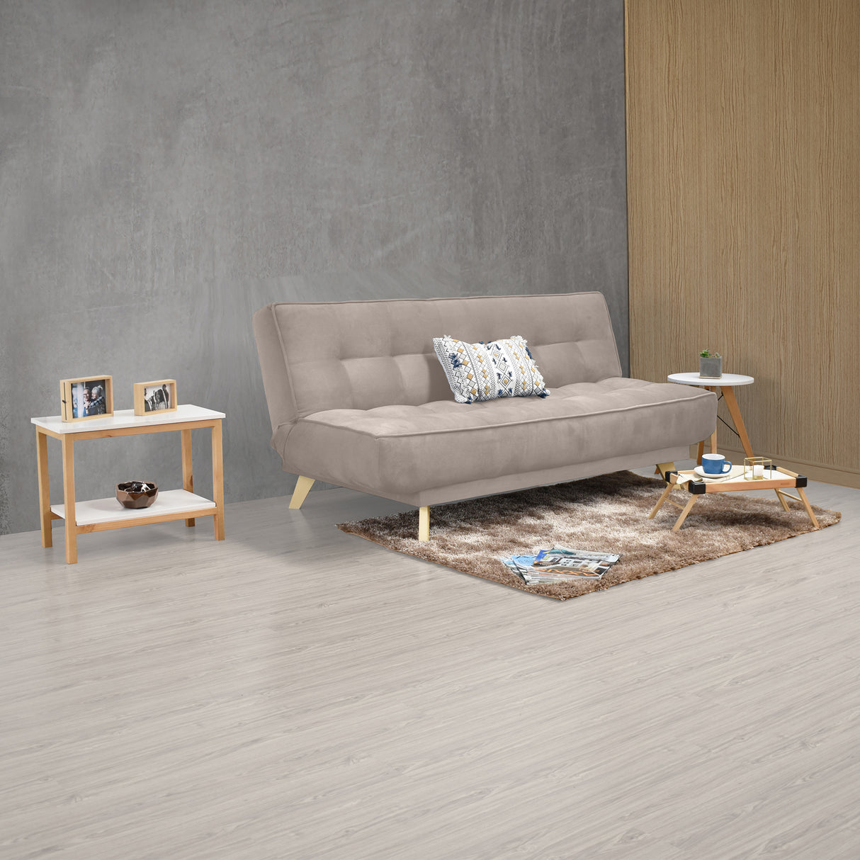 Sofá Cama Gales Taupe Denver y Matiz Natural 180x84cm de Tres Puestos Reclinable sin Apoya Brazos