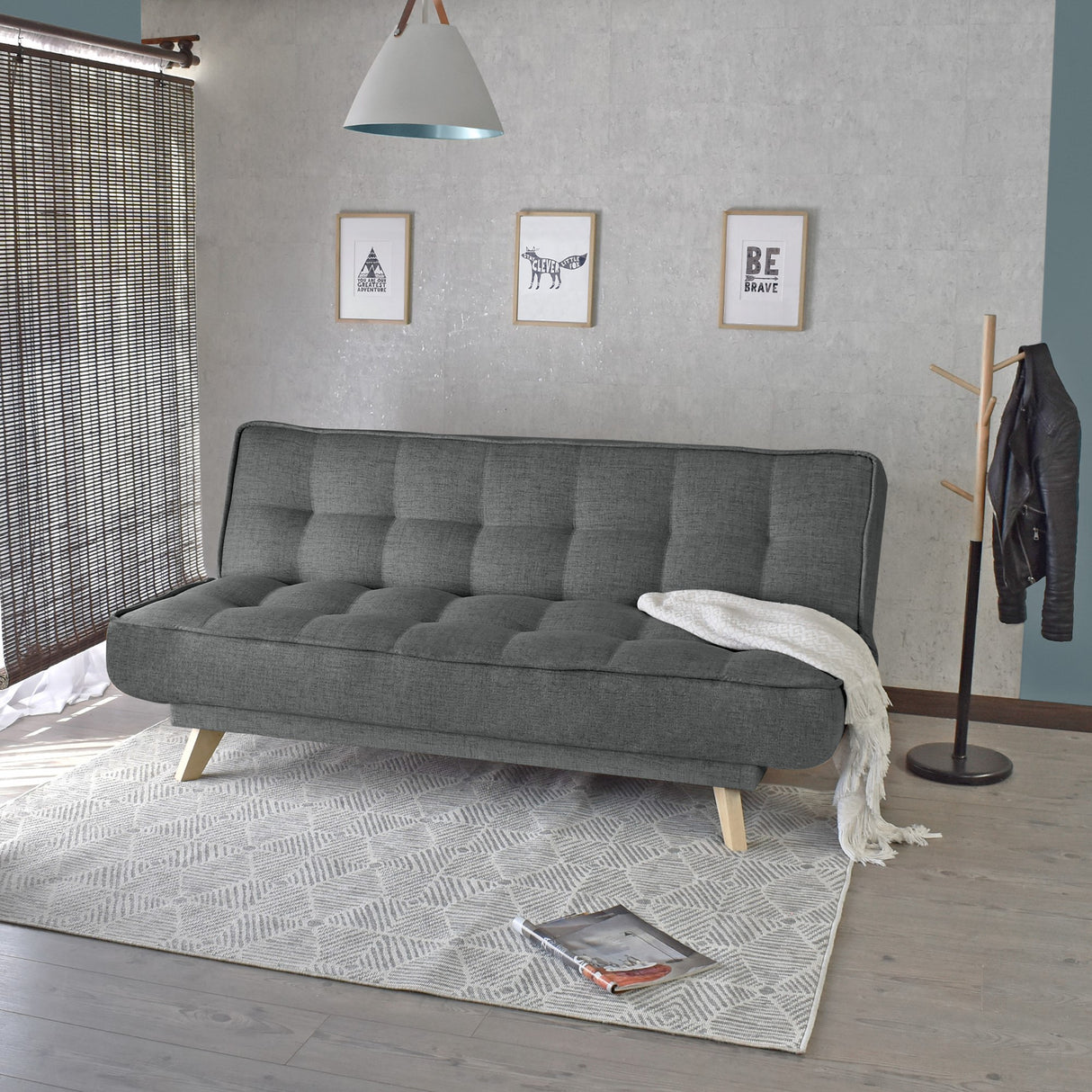 Sofá Cama Gales Gris Dicosta y Matiz Natural 180x84cm de Tres Puestos Reclinable sin Apoya Brazos