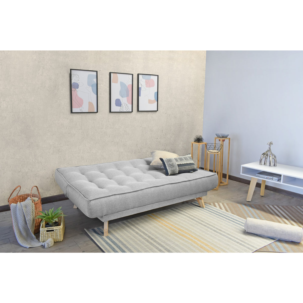 Sofá Cama Gales Plata Duster y Matiz Natural 180x84cm de Tres Puestos Reclinable sin Apoya Brazos