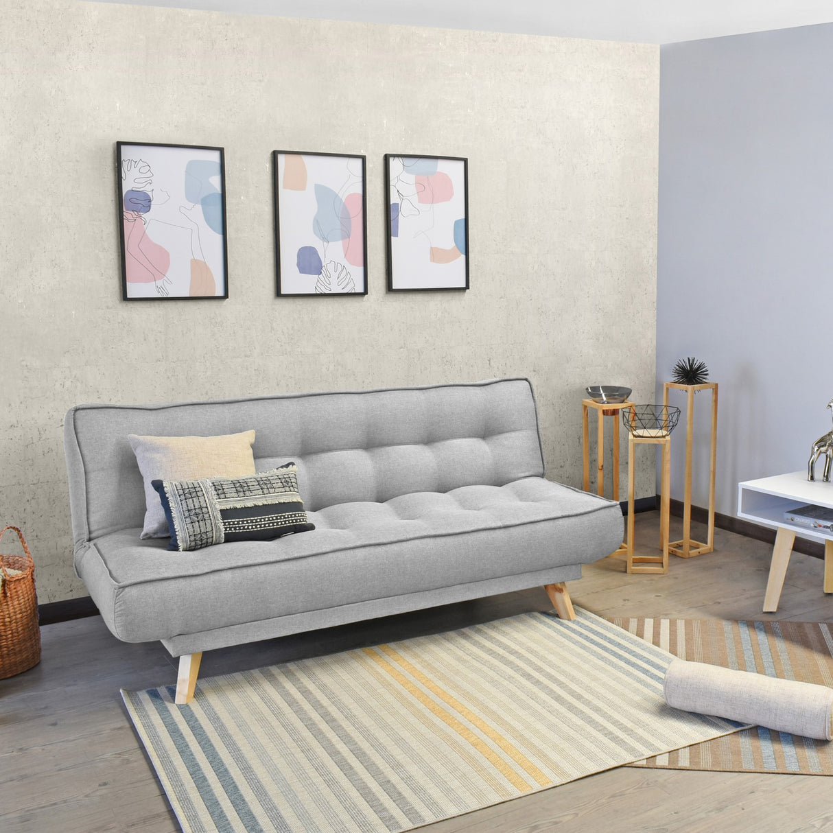 Sofá Cama Gales Plata Duster y Matiz Natural 180x84cm de Tres Puestos Reclinable sin Apoya Brazos