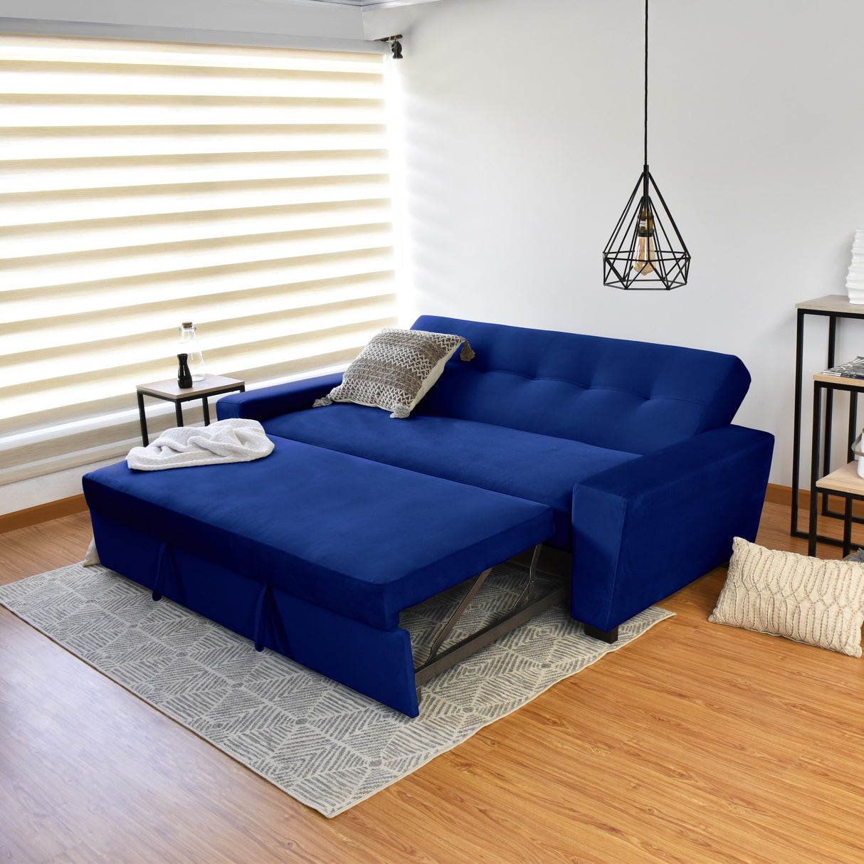 Sofá Cama Hamburgo Azul Denver y Matiz Wengue 210x87cm de Tres Puestos Reclinable sin Apoya Brazos