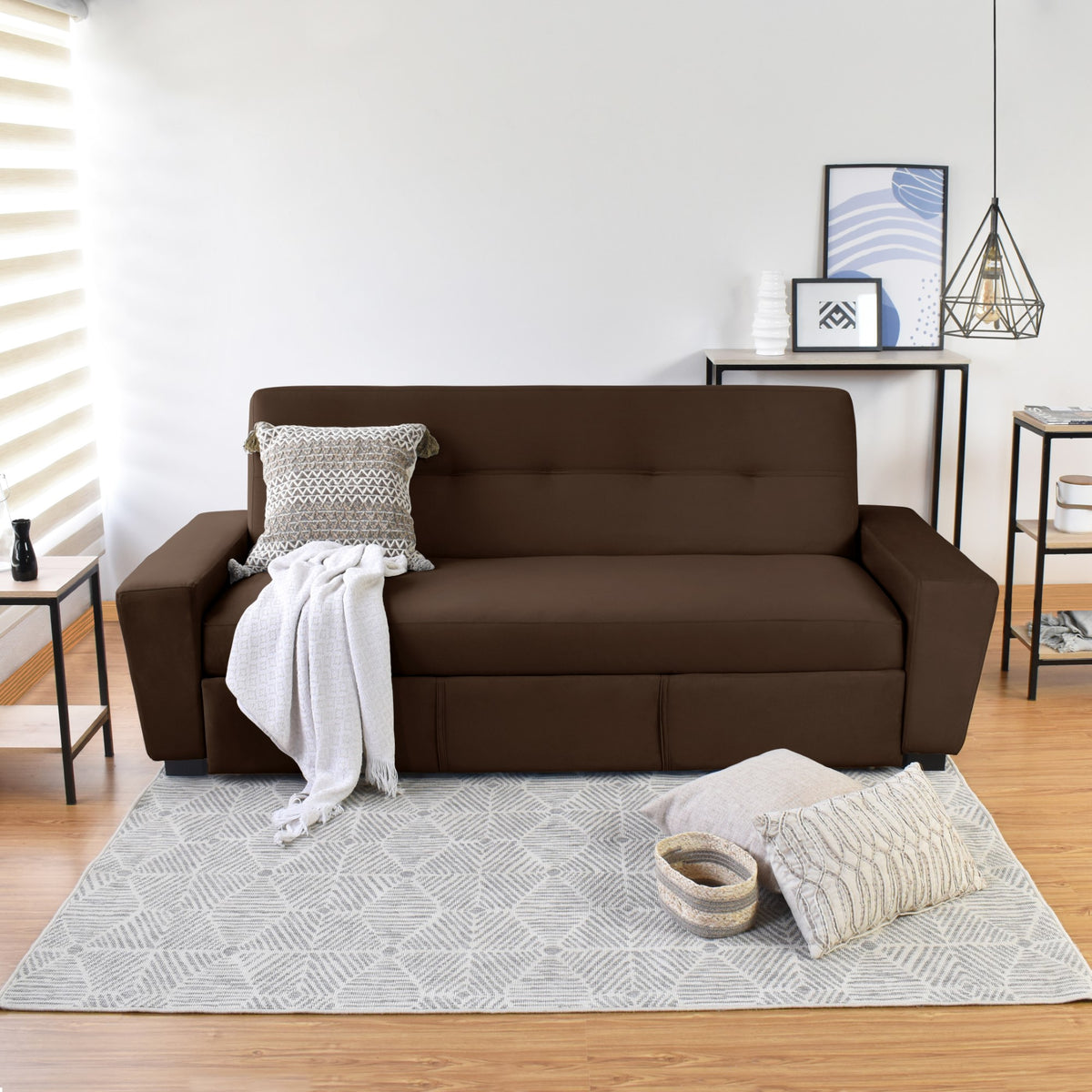 Sofá Cama Hamburgo Chocolate Denver y Matiz Wengue 210x87cm de Tres Puestos Reclinable sin Apoya Brazos