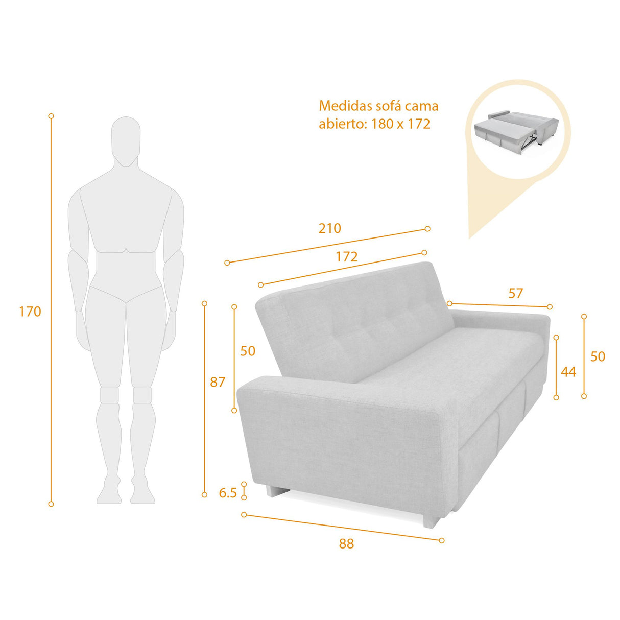 Sofá Cama Hamburgo Plomo Eureka y Matiz Natural 210x87cm de Tres Puestos Reclinable sin Apoya Brazos