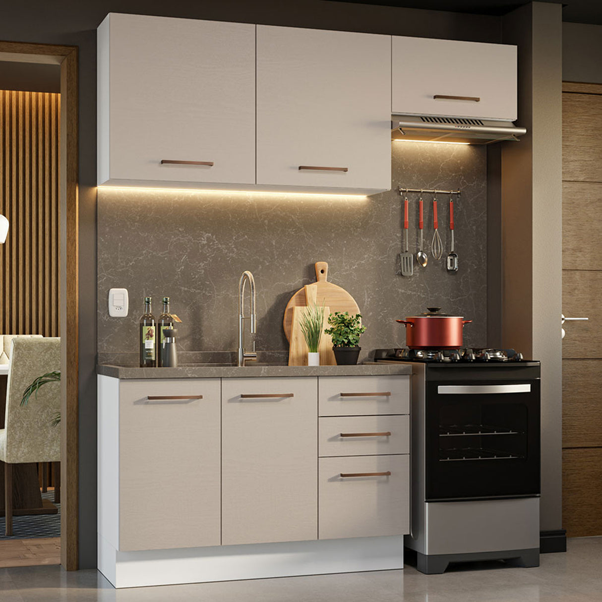 Cocina Integral Agata Blanco Crema 180x225cm para Mesón Lado Izquierdo sin Mesón y sin Estufa