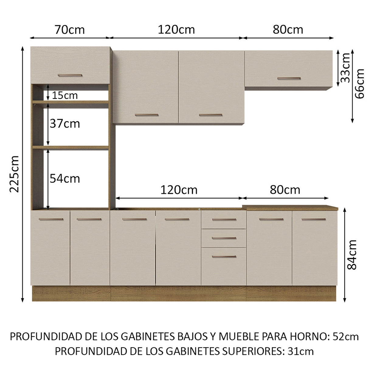 Cocina Integral Agata Marron y Crema 270x225cm para Mesón Lado Izquierdo sin Mesón y sin Estufa