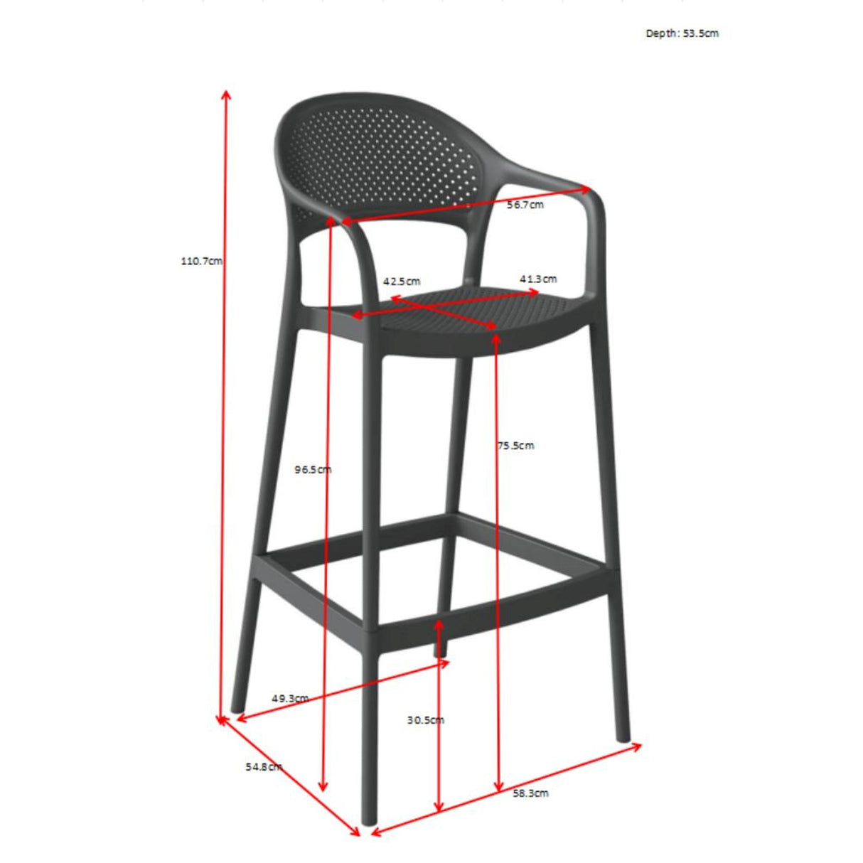 Silla Bar para Exteriores Curitiva Negro 56x109cm con Espaldar y con Apoya Brazos