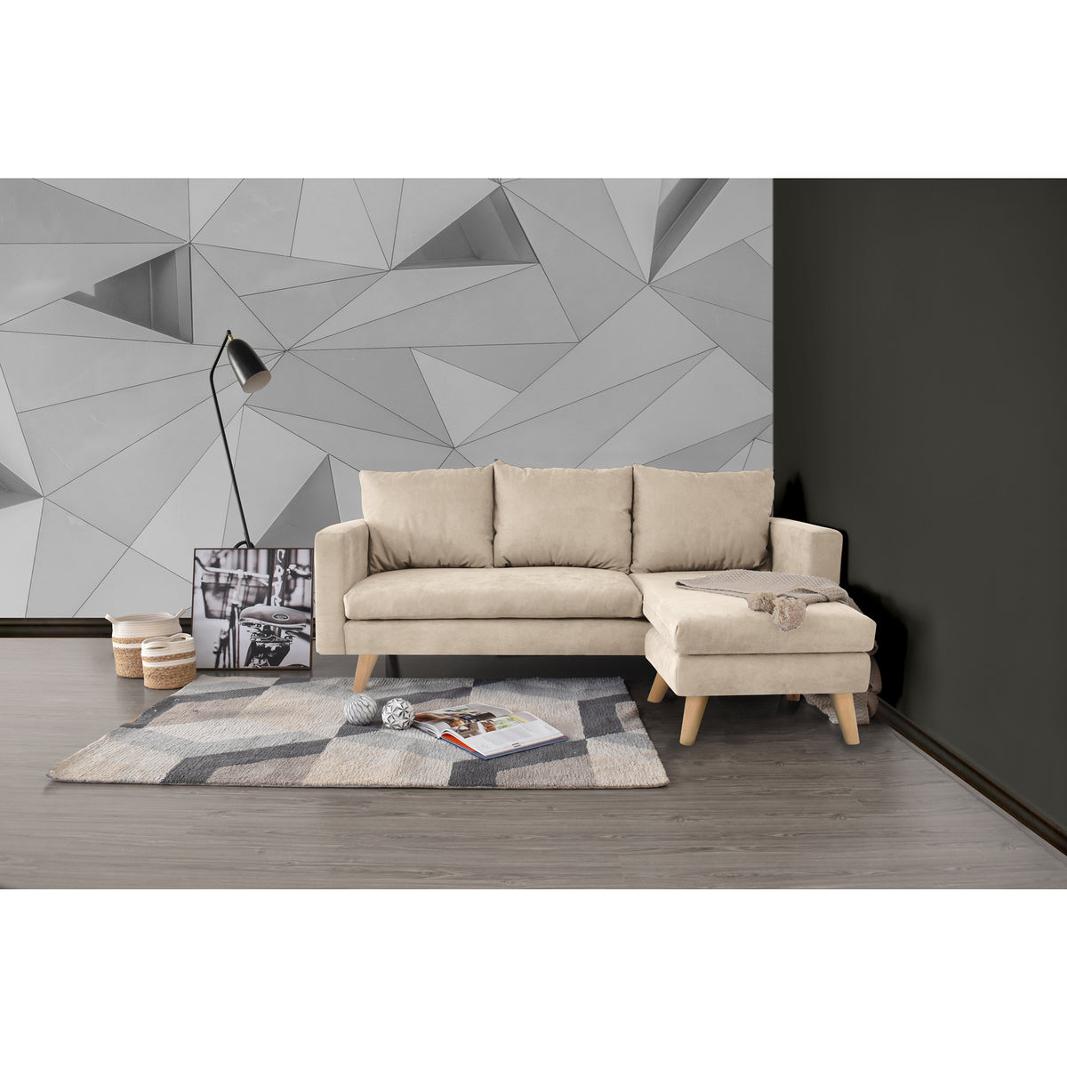 Sofá en L Barbados Beige Dorsey y Matiz Natural 190x85cm de Tres Puestos con Apoya Brazos
