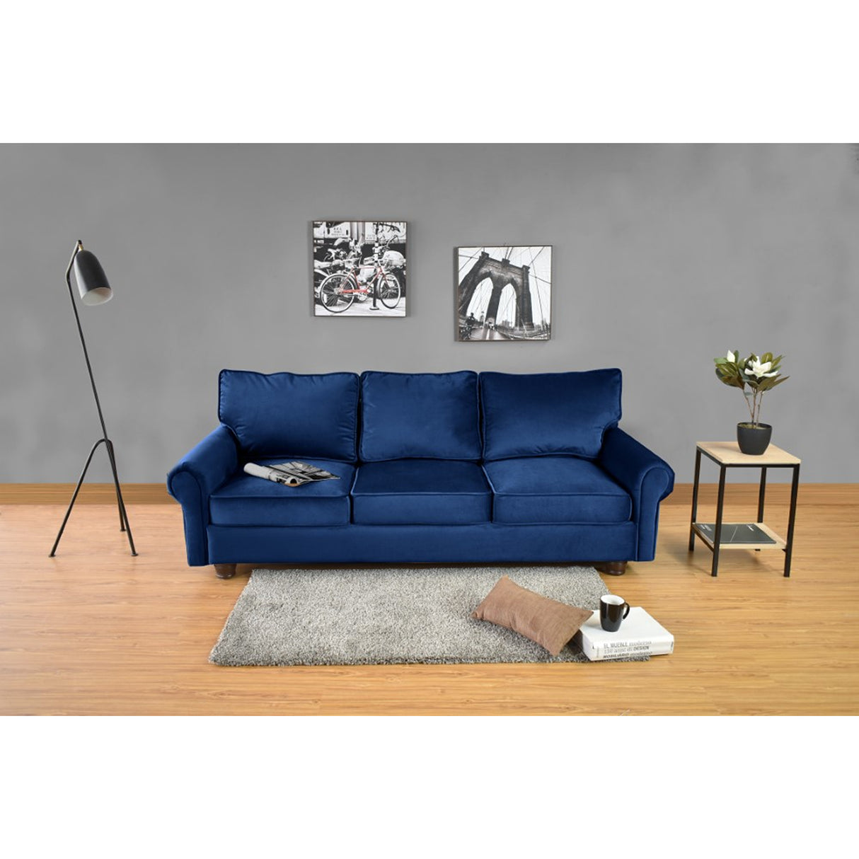 Sofá Lancaster Azul Denver y Matiz Natural 217x80cm de Tres Puestos sin Apoya Brazos