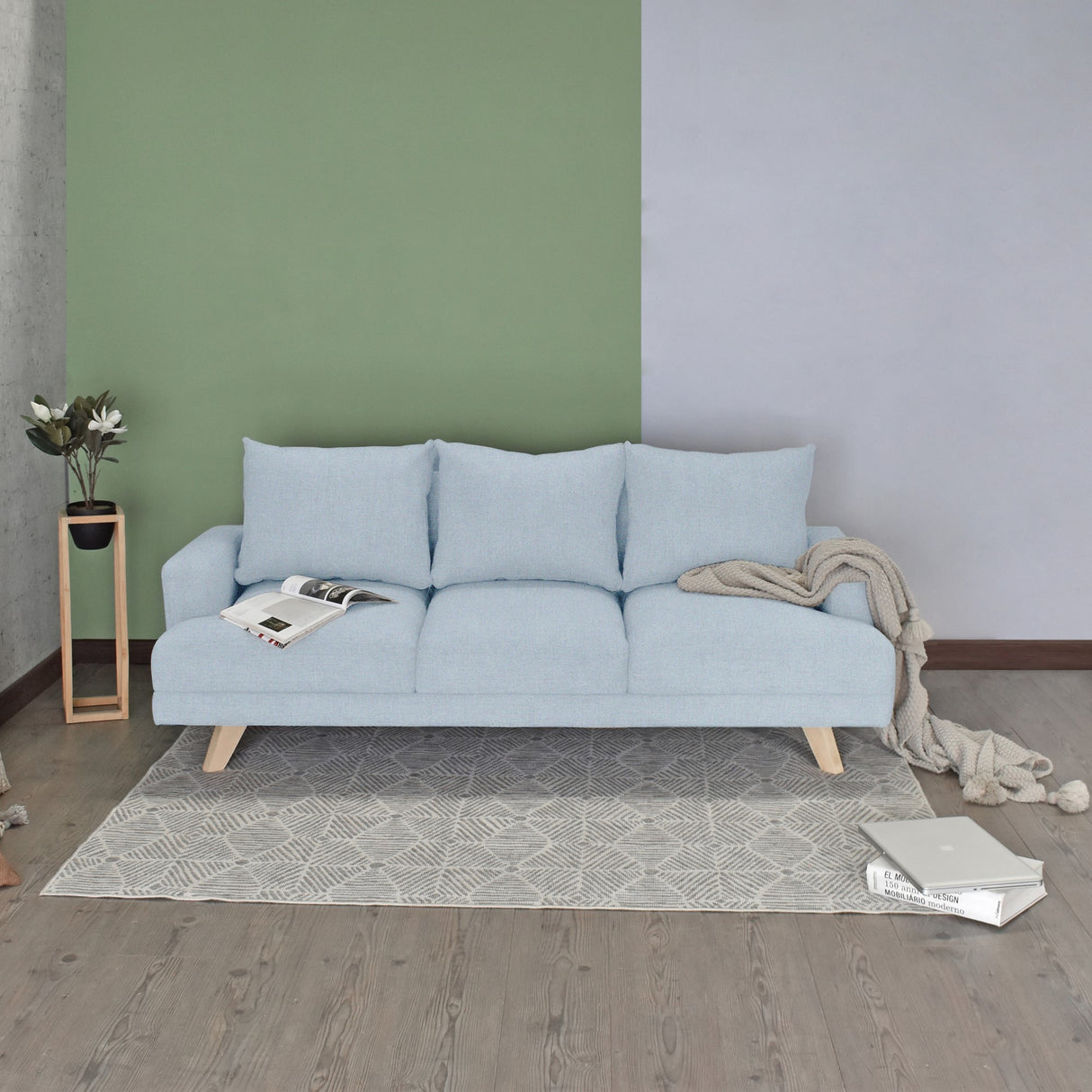 Sofá Lisboa Plata Eureka y Matiz Natural 192x85cm de Tres Puestos con Apoya Brazos