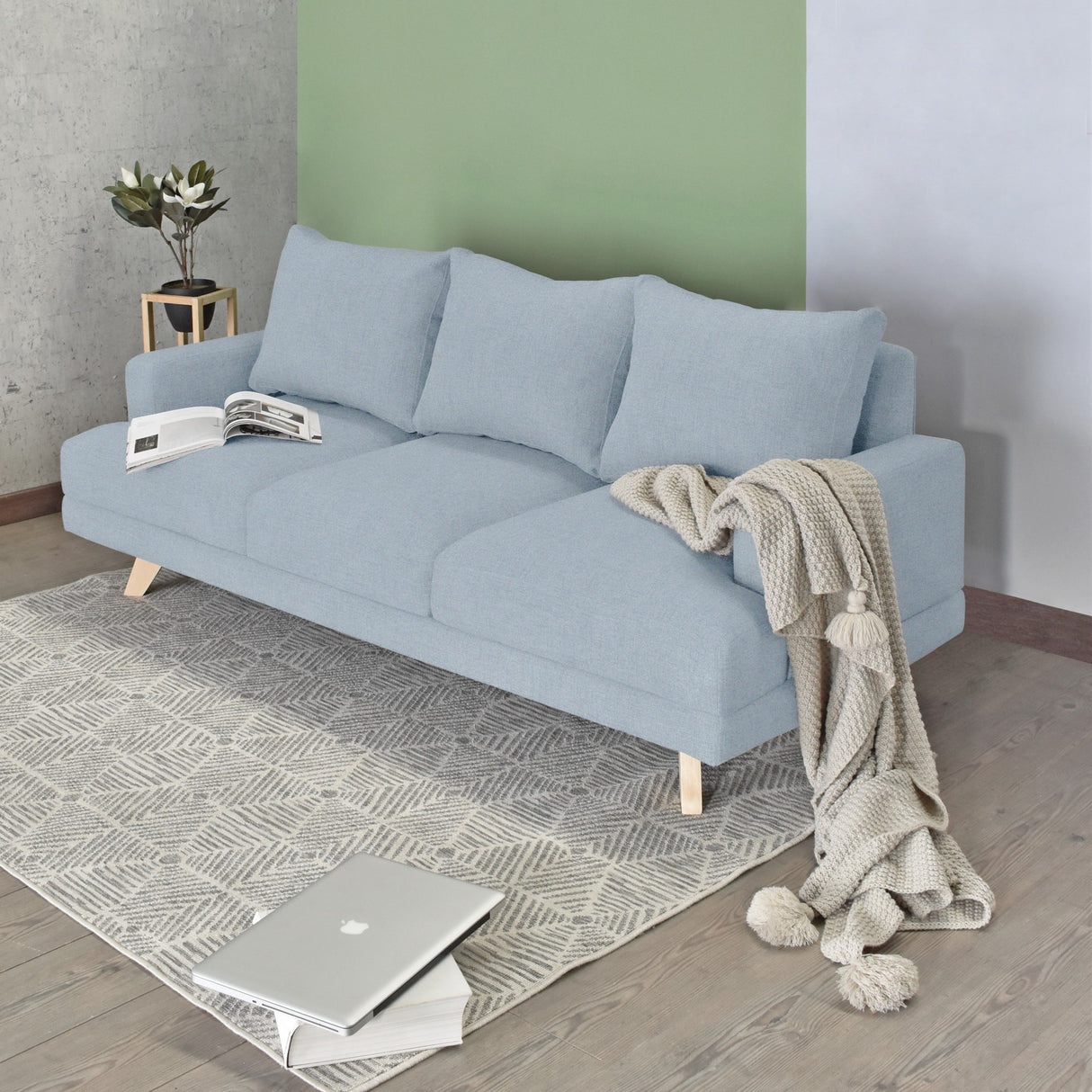 Sofá Lisboa Plata Eureka y Matiz Natural 192x85cm de Tres Puestos con Apoya Brazos