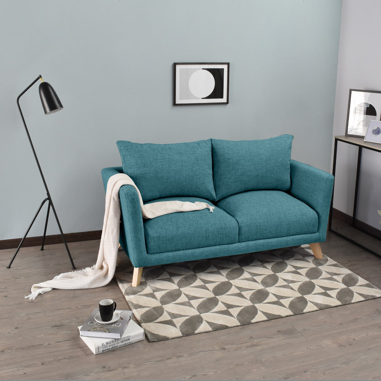 Sofá Montecarlo Petróleo Eureka y Matiz Natural 170x90cm de Tres Puestos con Apoya Brazos