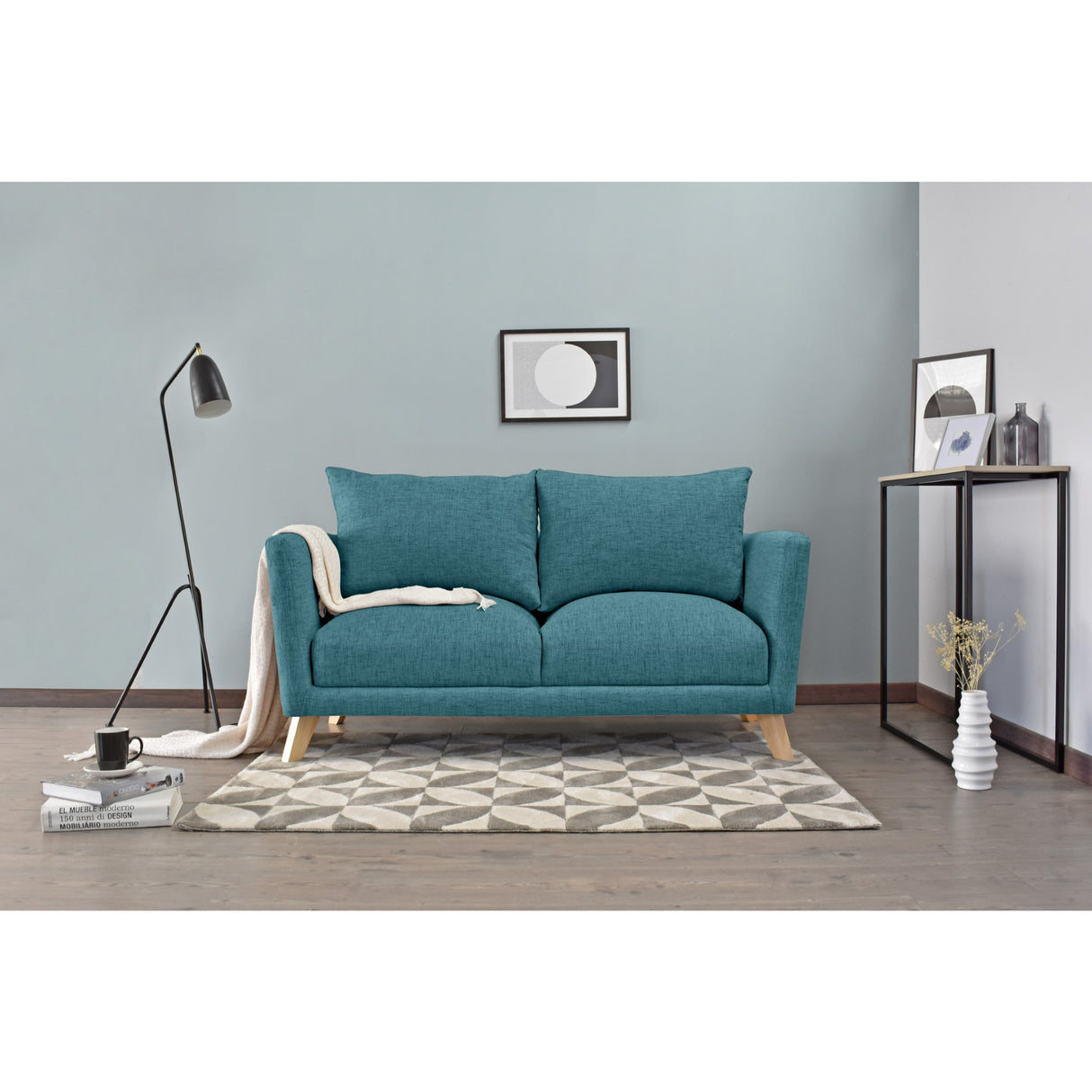 Sofá Montecarlo Petróleo Eureka y Matiz Natural 170x90cm de Tres Puestos con Apoya Brazos