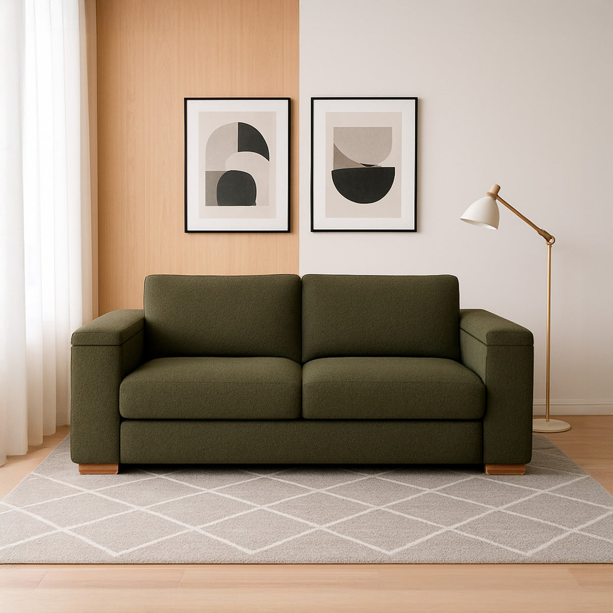 Sofá Montenegro Verde Shaggy y Matiz Caoba 207x82cm de Tres Puestos con Apoya Brazos
