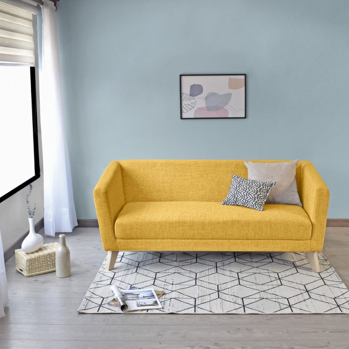 Sofá Montreal Mostaza Dicosta y Matiz Natural 170x68cm de Tres Puestos sin Apoya Brazos