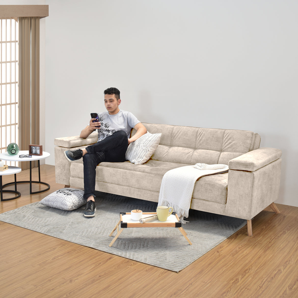 Sofá Cama Moretto Beige Sky y Matiz Caoba 230x82cm de Tres Puestos Reclinable sin Apoya Brazos