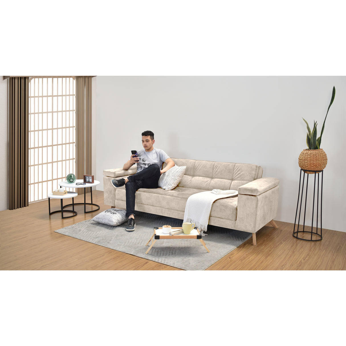 Sofá Cama Moretto Beige Sky y Matiz Caoba 230x82cm de Tres Puestos Reclinable sin Apoya Brazos