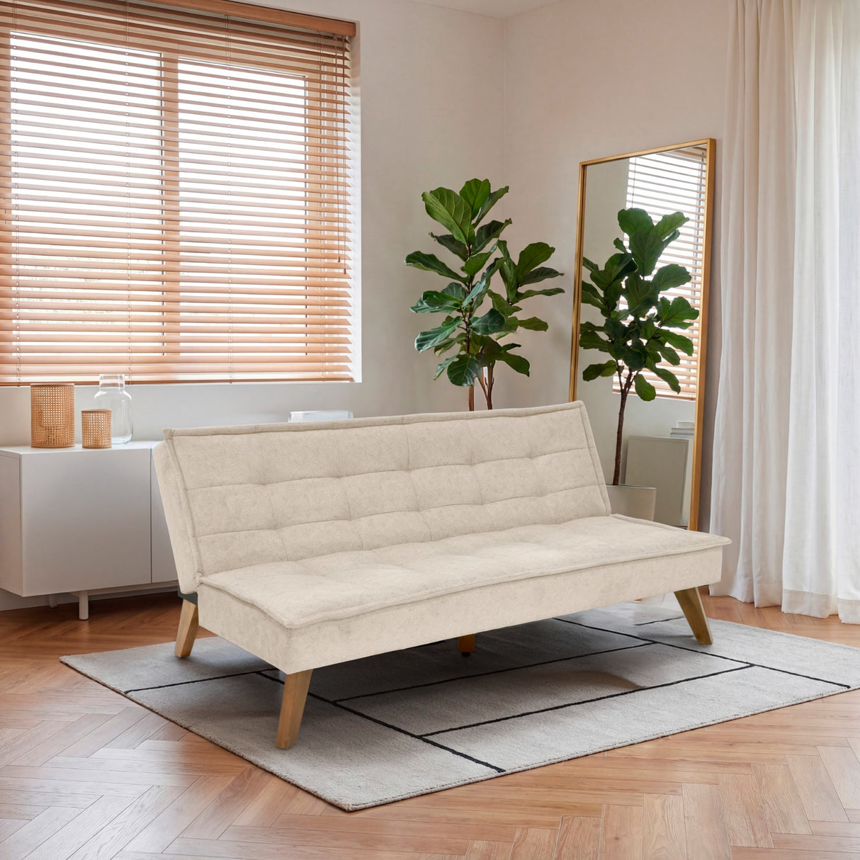Sofá Cama Morrison Beige Sky y Matiz Caoba 174x80cm de Tres Puestos Reclinable sin Apoya Brazos
