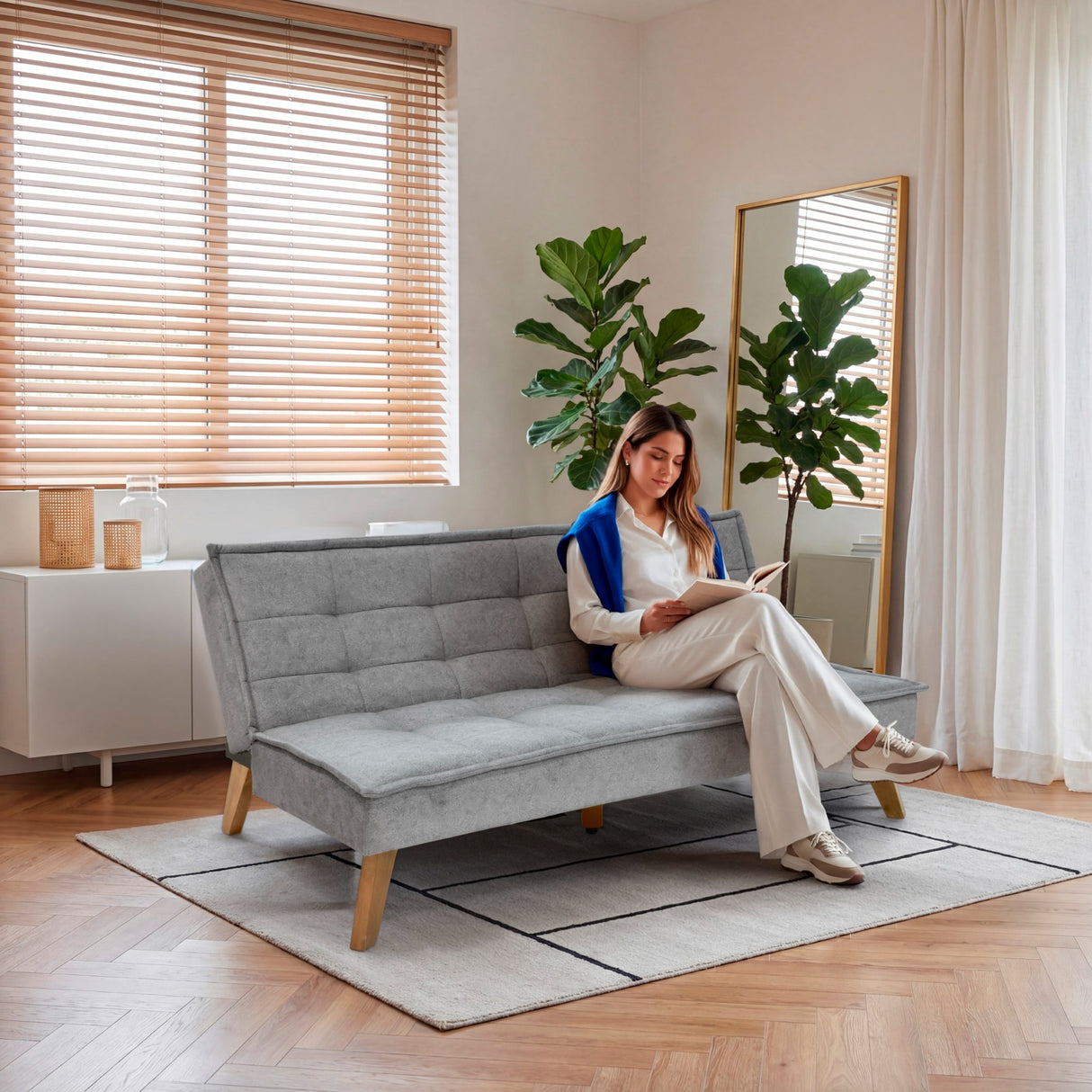 Sofá Cama Morrison Gris Sky y Matiz Caoba 174x80cm de Tres Puestos Reclinable sin Apoya Brazos